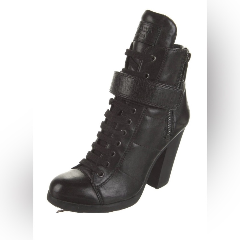 Prada Black Leather High-Heel Lace-Up Ankle Boot with Strap